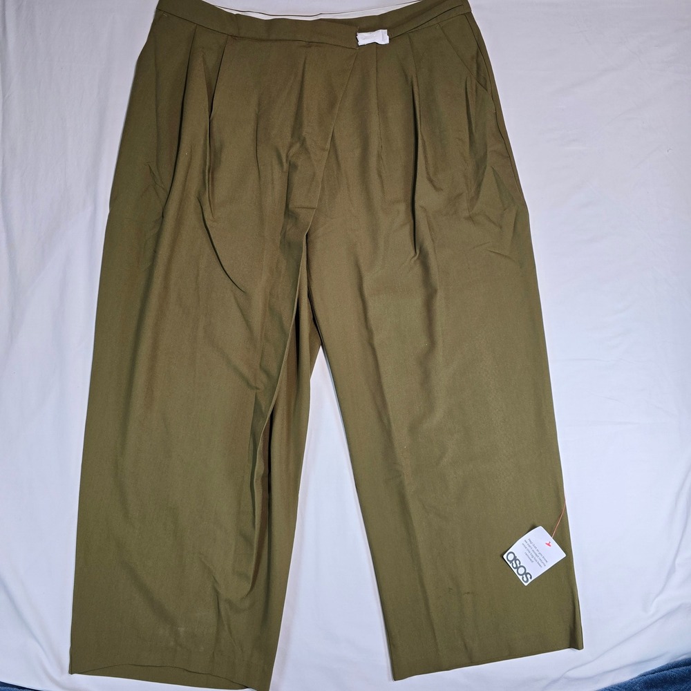 ASOS DESIGN Olive Green Wrap Front Wide Leg Pleated Trousers US 14 NWT